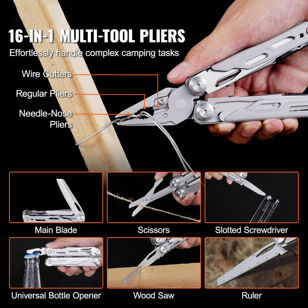 16-In-1 Multitool Pliers, Multi Tool Pliers, Cutters, Knife, Scissors, Ruler, Screwdrivers, Wood Saw, Can Bottle Opener, with Safety Locking and Sheath, for Survival, Camping, Hunting and Hiking