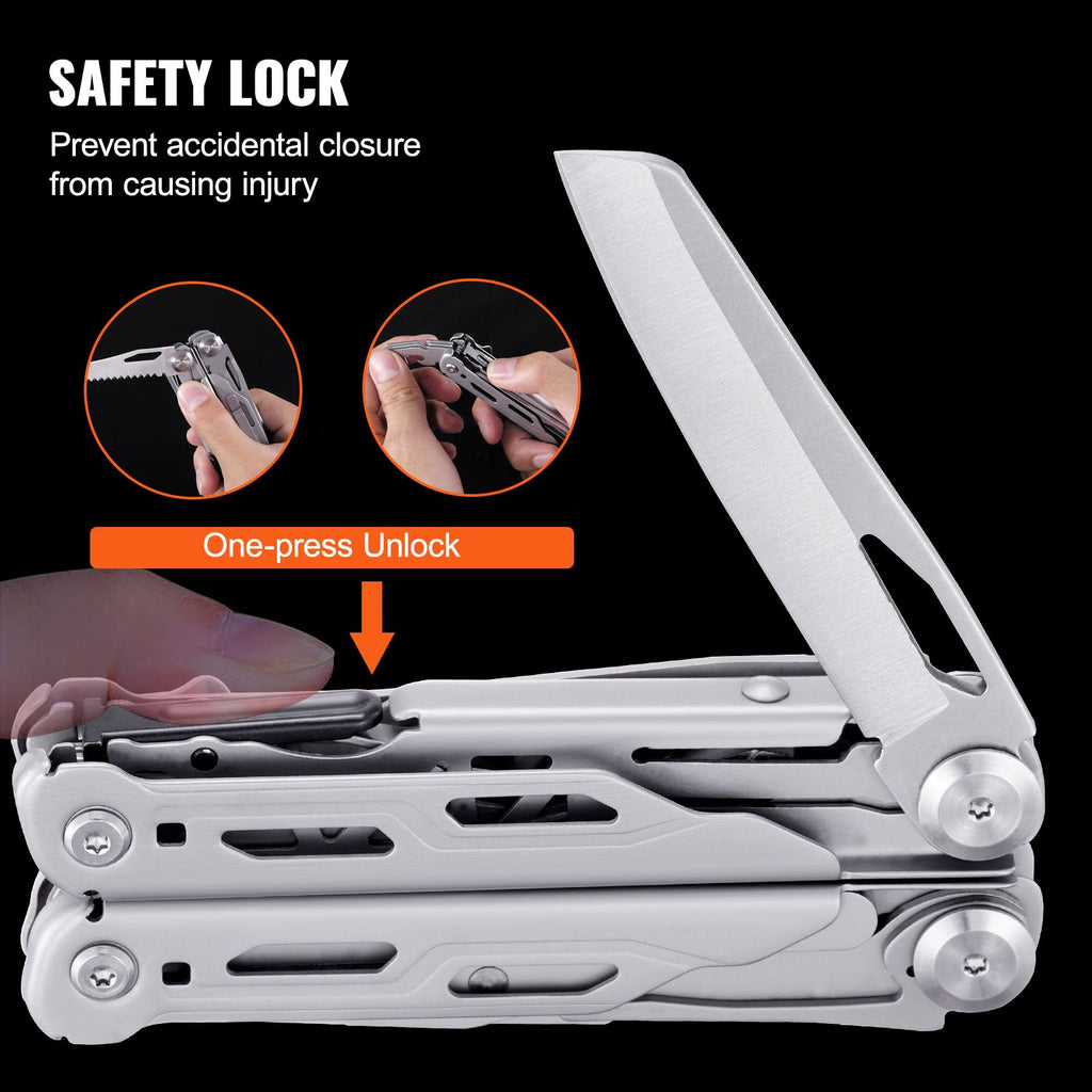 16-In-1 Multitool Pliers, Multi Tool Pliers, Cutters, Knife, Scissors, Ruler, Screwdrivers, Wood Saw, Can Bottle Opener, with Safety Locking and Sheath, for Survival, Camping, Hunting and Hiking