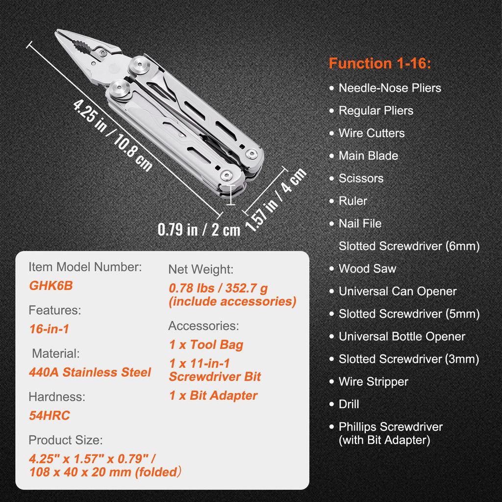 16-In-1 Multitool Pliers, Multi Tool Pliers, Cutters, Knife, Scissors, Ruler, Screwdrivers, Wood Saw, Can Bottle Opener, with Safety Locking and Sheath, for Survival, Camping, Hunting and Hiking