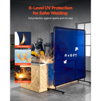 Welding Screen with Frame, 1.74 x 1.74 m Welding Curtain Screen, Flame-Resistant Vinyl Protection Screens with Lockable Swivel Wheels & 6-Level UV Protection for Workshop/Industrial Use, Blue