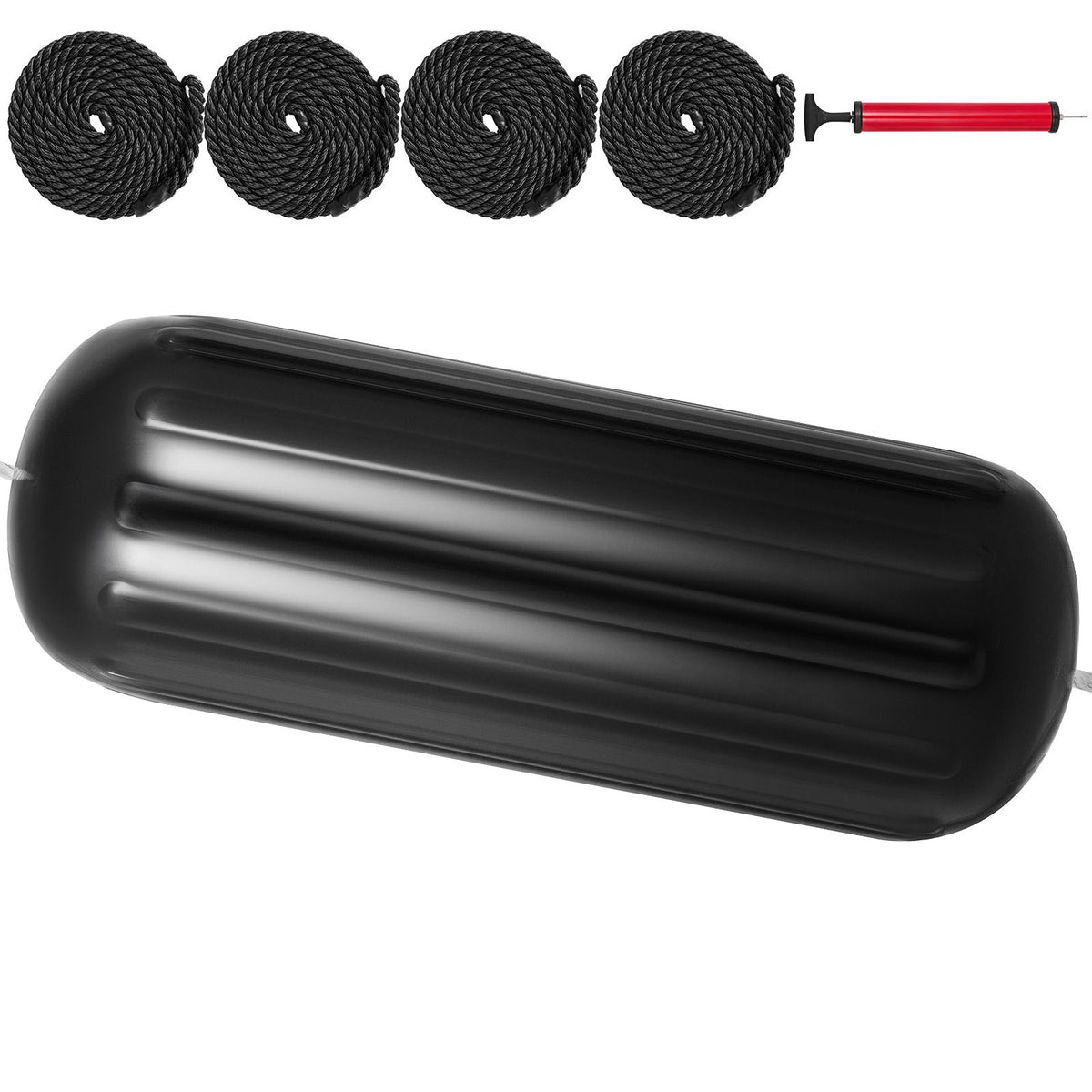 Boat Fenders, 10" x 28" Ribbed Fender, 4 Pack Boat Bumpers, Hole Through Middle Ribbed Inflatable Boat Fender with 4 Ropes, for Pontoon Boat Sailboat, Ski Boat, Black