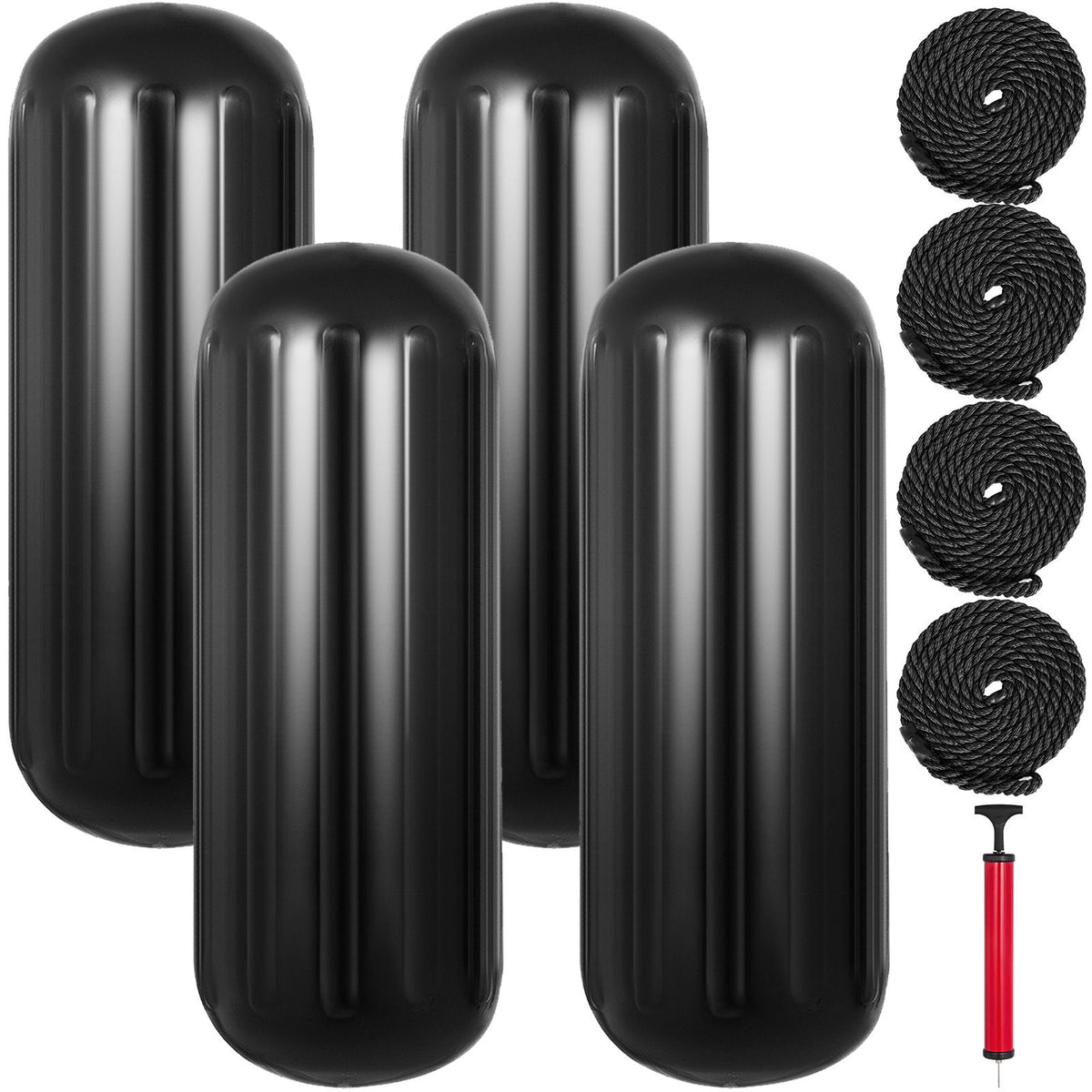 Boat Fenders, 10" x 28" Ribbed Fender, 4 Pack Boat Bumpers, Hole Through Middle Ribbed Inflatable Boat Fender with 4 Ropes, for Pontoon Boat Sailboat, Ski Boat, Black