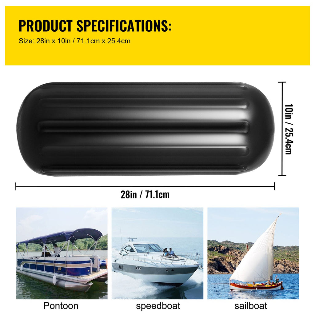 4 Ribbed Boat Fenders 10X 28" Black Center Hole Bumpers Mooring Protection