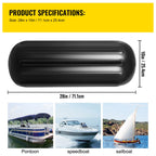 4 Ribbed Boat Fenders 10X 28" Black Center Hole Bumpers Mooring Protection