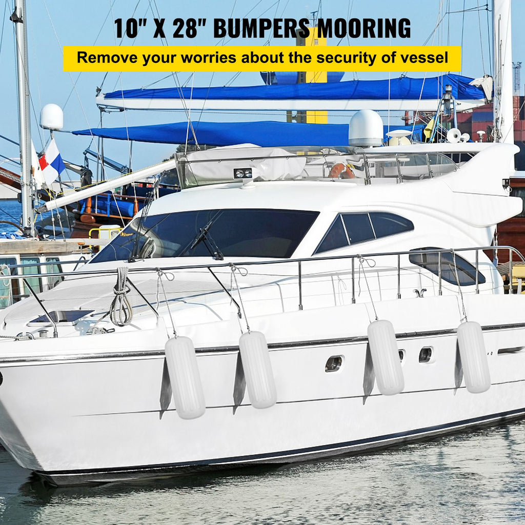 4 Ribbed Boat Fender 10" x 28" White Center Hole Bumper Mooring Protection