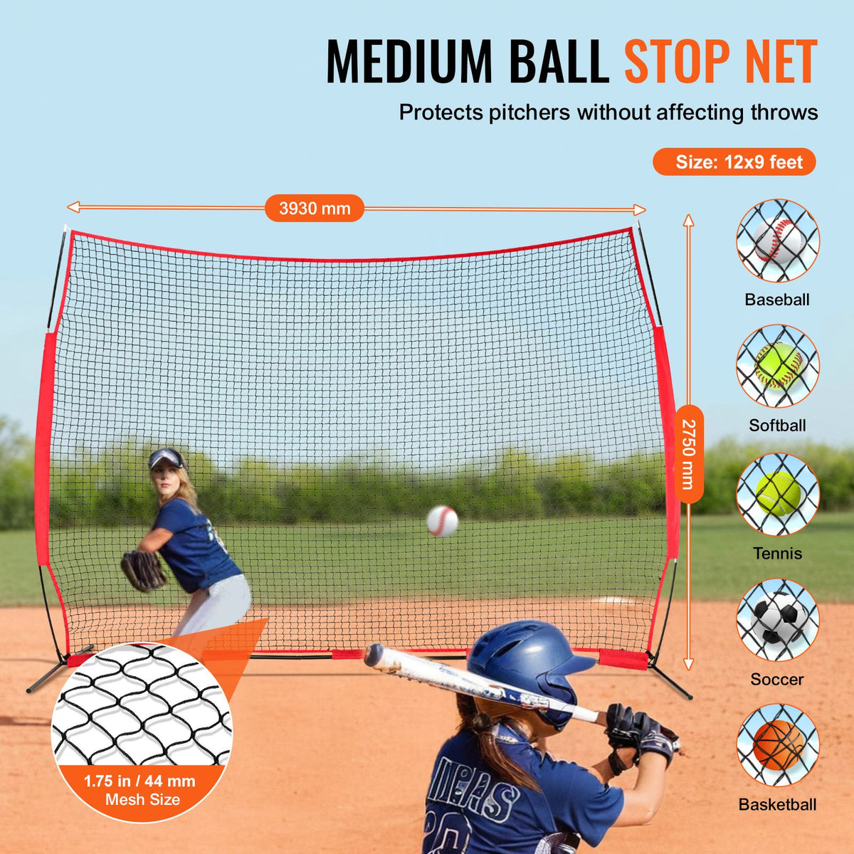 Barricade Backstop Net, 12x9 ft Ball Sports Barrier Netting, Portable Practice Equipment with Carry Bag, Protection Screen for Baseball Softball Lacrosse Soccer Hockey Training, for Backyard