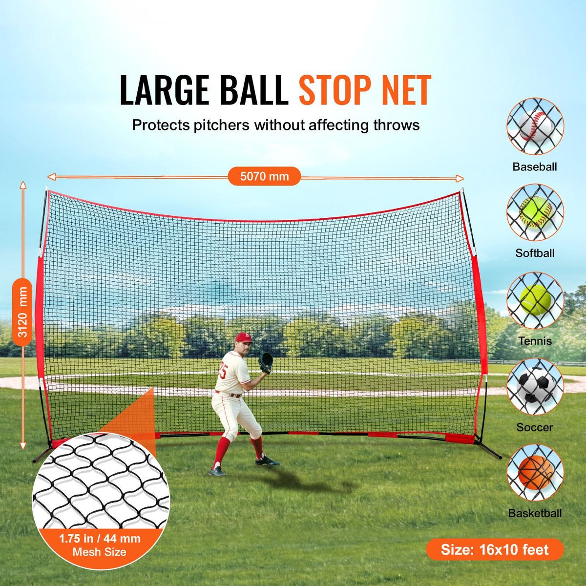 Barricade Backstop Net, 16x10 ft Ball Sports Barrier Netting, Portable Practice Equipment with Carry Bag, Protection Screen for Baseball Softball Lacrosse Soccer Hockey Training, for Backyard