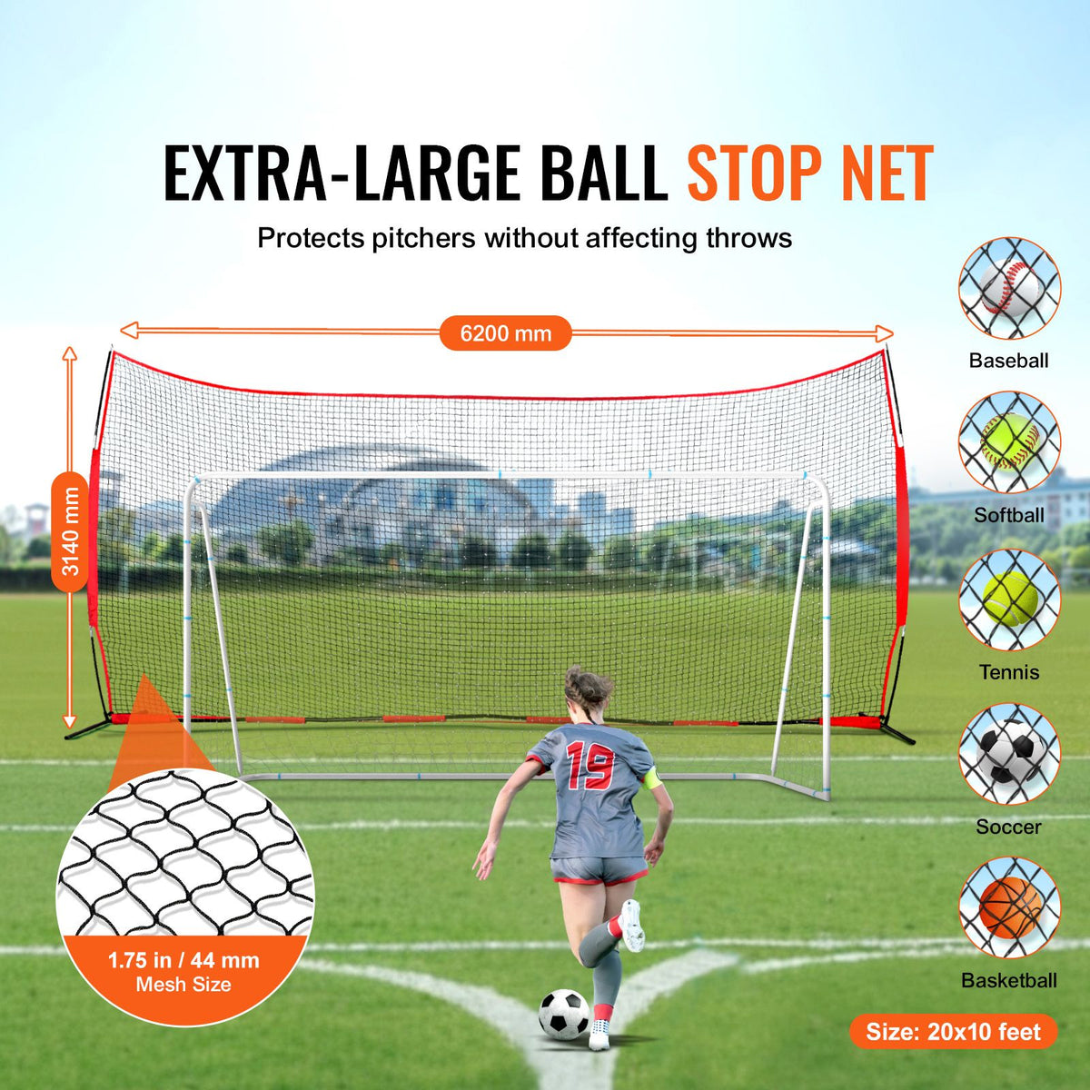 Barricade Backstop Net, 20x10 ft Ball Sports Barrier Netting, Portable Practice Equipment with Carry Bag, Protection Screen for Baseball Softball Lacrosse Soccer Hockey Training, for Backyard