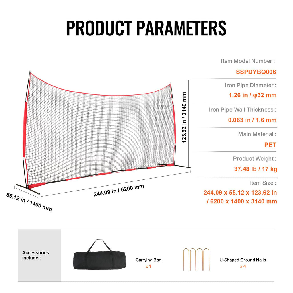 Barricade Backstop Net, 20x10 ft Ball Sports Barrier Netting, Portable Practice Equipment with Carry Bag, Protection Screen for Baseball Softball Lacrosse Soccer Hockey Training, for Backyard