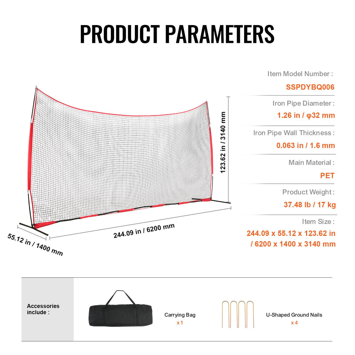 Barricade Backstop Net, 20x10 ft Ball Sports Barrier Netting, Portable Practice Equipment with Carry Bag, Protection Screen for Baseball Softball Lacrosse Soccer Hockey Training, for Backyard