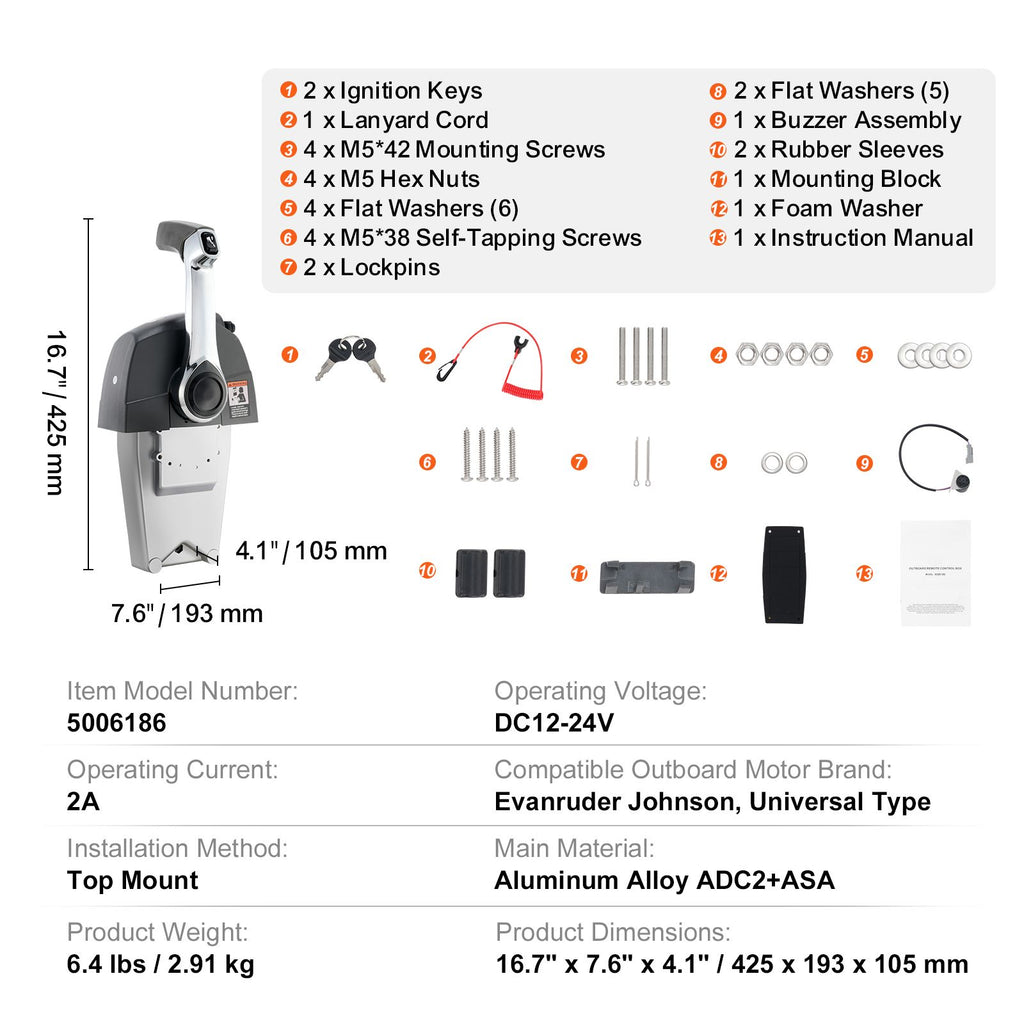 Boat Throttle Control, 5006186 Top-Mounted Outboard Remote Control Box for Evinrude Johnson, Marine Throttle Control Box with Power Trim Switch and Lanyard