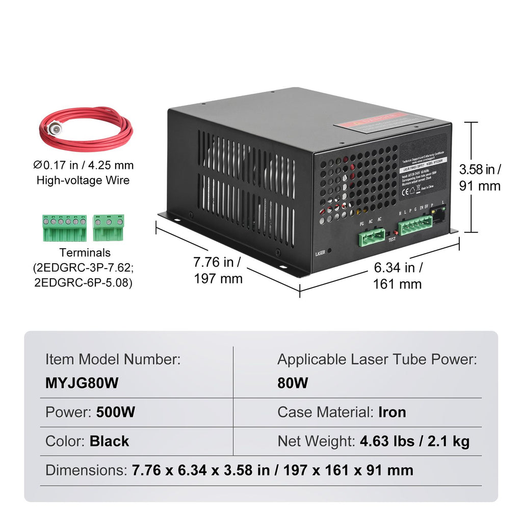 CO2 Laser Power Supply, 80W, Power Supply for 80W Laser Tube, Constant Current Protection, Open Circuit Protection, Fast Heat Dissipation, Compatible for Multi-brand Laser Engravers & Cutters