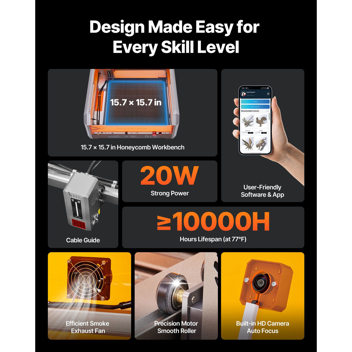Laser Engraver, 20W, Laser Engraving and Cutting Machine with Enclosure Camera, Laser Cutter, 400 x 400 mm Working Area, 30000 mm/min, for Wood, Leather, Glass, Paper, Certain Metal, Class 1