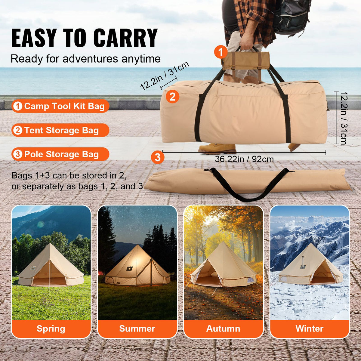 Canvas Bell Tent 4m/13.12ft 4-Season Camping Yurt Tent with Stove Jack