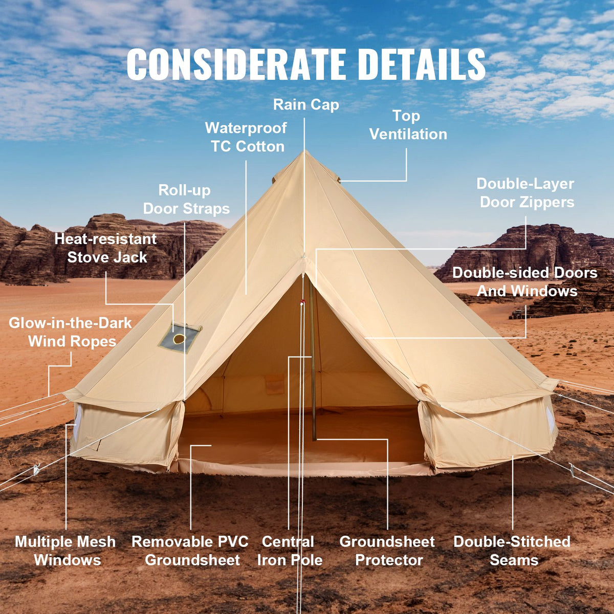 Canvas Bell Tent 5m/16.4ft 4-Season Camping Yurt Tent with Stove Jack