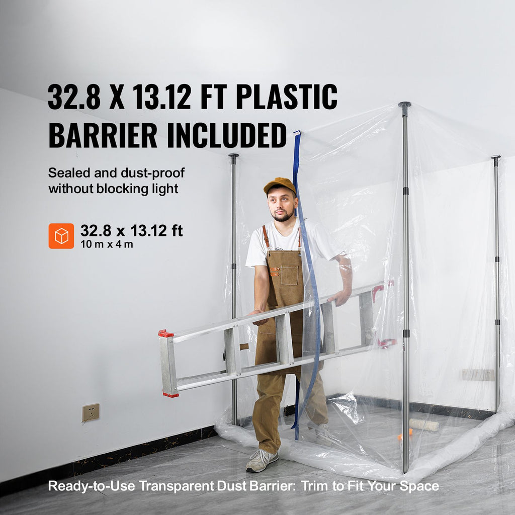 Dust Barrier Poles, 10 Ft Barrier Poles, Dust Barrier System with 4 Telescoping Poles, Magnetic Zipper, Carry Bag and 32.8x13.12 Ft Plastic Film, for Interior Decoration, Painting
