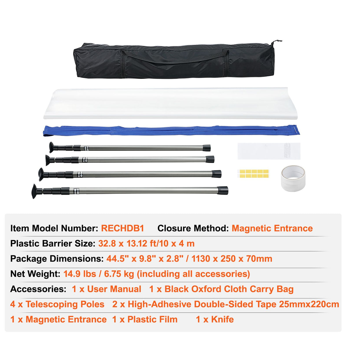 Dust Barrier Poles, 10 Ft Barrier Poles, Dust Barrier System with 4 Telescoping Poles, Magnetic Zipper, Carry Bag and 32.8x13.12 Ft Plastic Film, for Interior Decoration, Painting