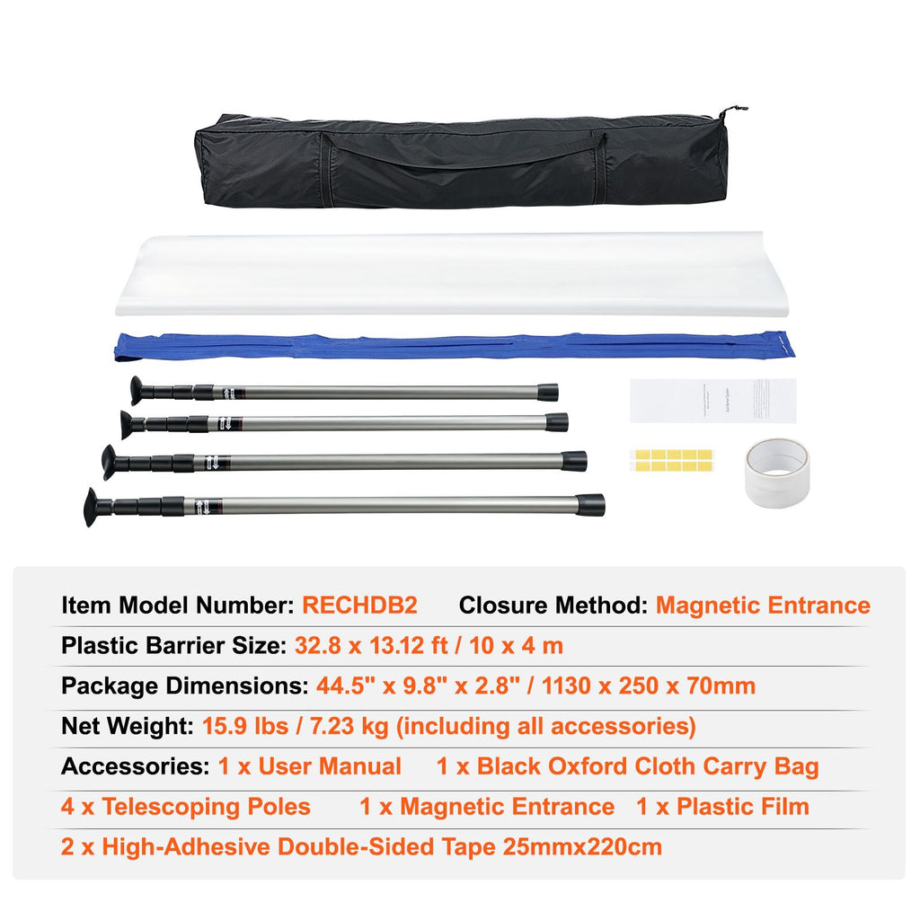 Dust Barrier Poles, 12 Ft Barrier Poles, Dust Barrier System with 4 Telescoping Poles, Magnetic Zipper, Carry Bag and 32.8x13.12 Ft Plastic Film, for Interior Decoration, Painting