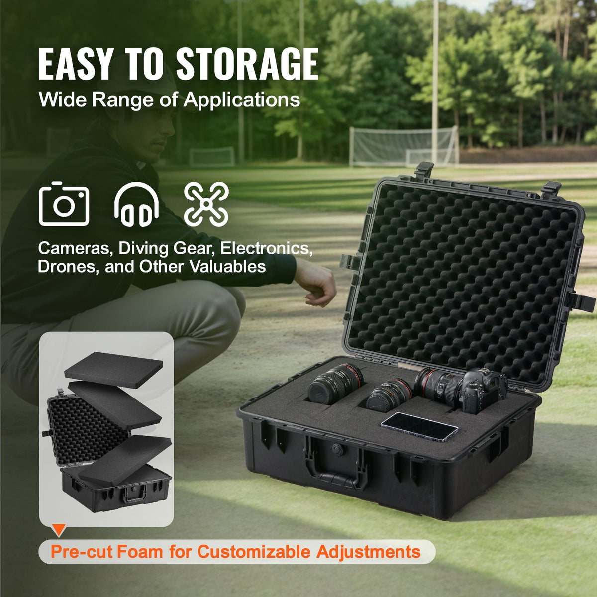 Weatherproof Hard Case, Heavy Duty Protective Dry Box Case with Pre-cut Foam, and Retractable Pull Handles for Travel, Hunting, Military, Tactical, IP67 Waterproof Case for Cameras (56.1x37x26)