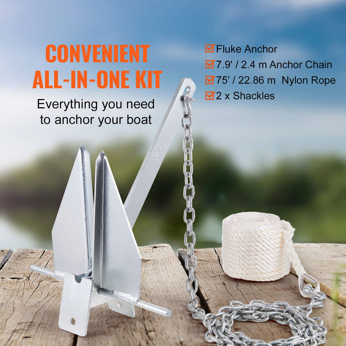 Fluke Anchor 8.5 LBS Galvanized Steel Boat Anchor Chain Rop Two Shackles