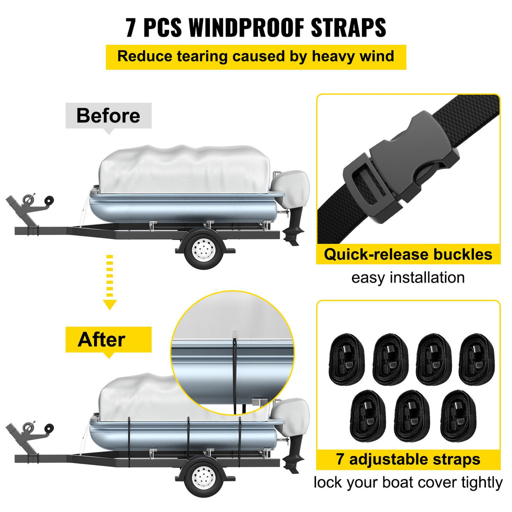 Pontoon Boat Cover, Fit for 17\'-20\' Boat, Heavy Duty 600D Marine Grade Oxford Fabric, UV Resistant Waterproof Trailerable Boat Cover with 2 Support Poles and 7 Wind-Proof Straps, Gray