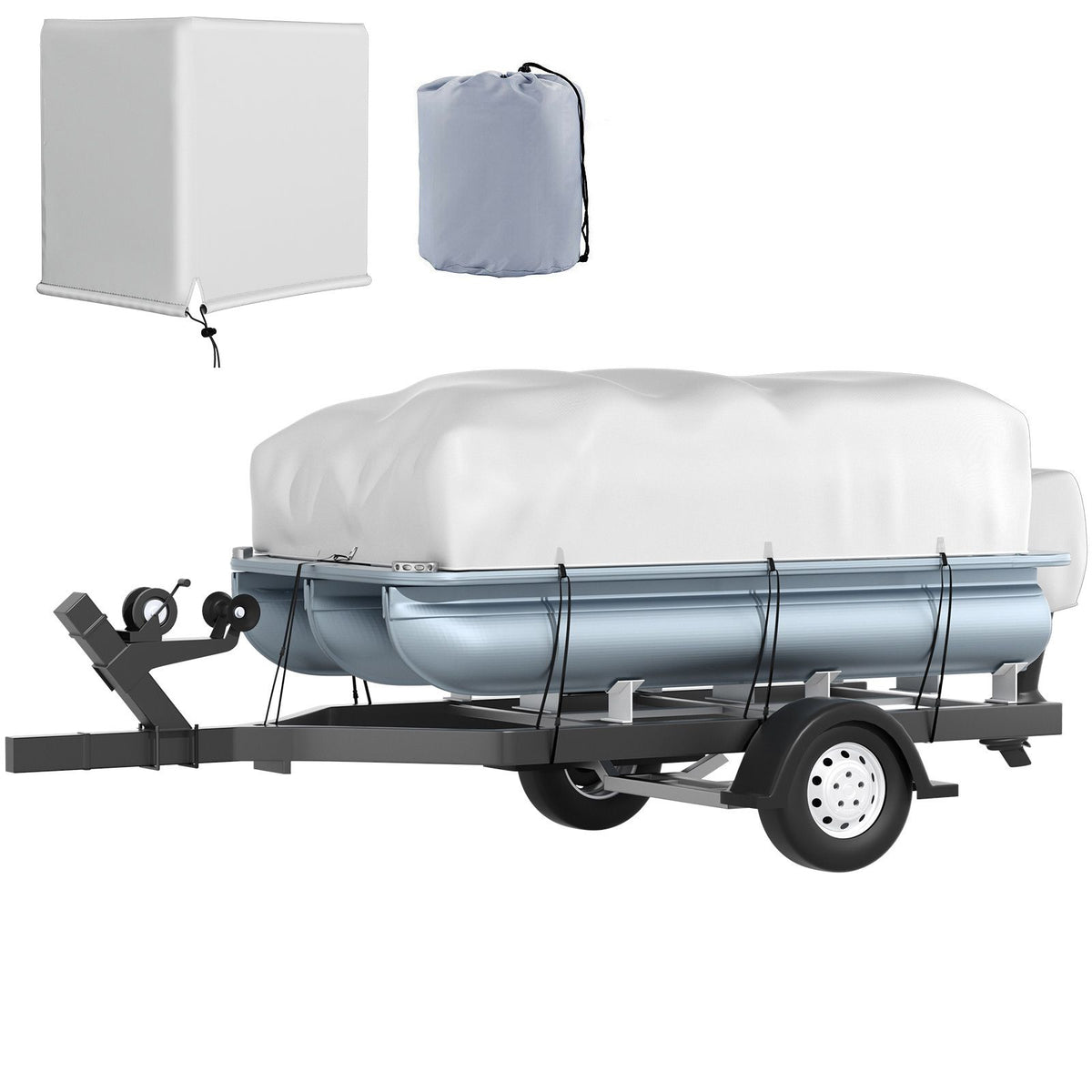 Pontoon Boat Cover, Fit for 17\'-20\' Boat, Heavy Duty 600D Marine Grade Oxford Fabric, UV Resistant Waterproof Trailerable Boat Cover with 2 Support Poles and 7 Wind-Proof Straps, Gray
