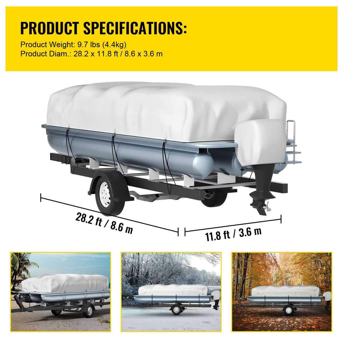 Pontoon Boat Cover, Fit for 25\'-28\' Boat, Heavy Duty 600D Marine Grade Oxford Fabric, UV Resistant Waterproof Trailerable Boat Cover with 2 Support Poles and 7 Wind-Proof Straps, Gray