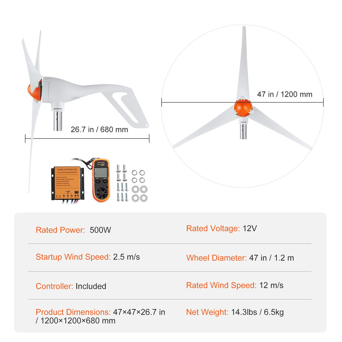 500W Wind Turbine Generator, 12V Wind Turbine Kit, 3-Blade Wind Power Generator with Anemometer, MPPT Controller & Adjustable Windward Direction, Suitable for Home, Farm, RVs, Boats