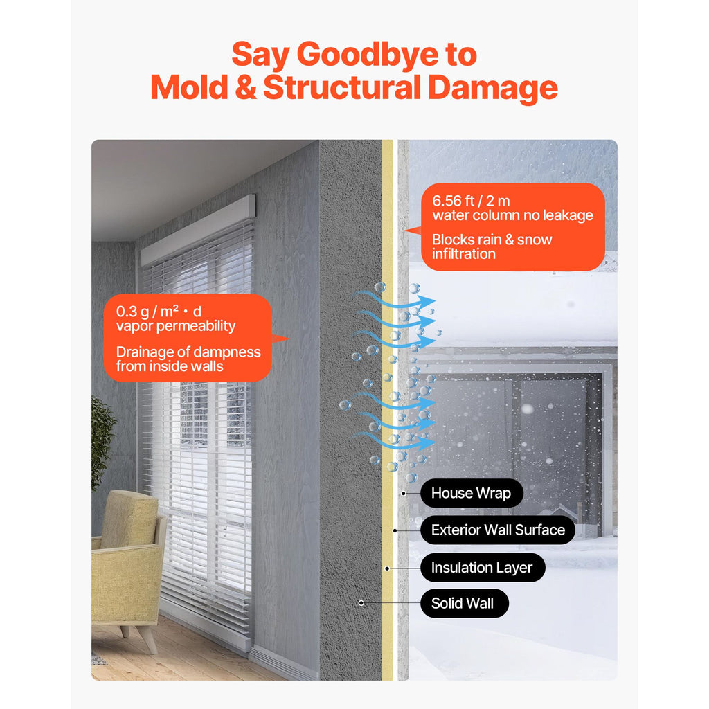 House Wrap, 2.74 x 45.7 mm, 0.13 mm Thick Vapor Barrier, Heavy Duty Plastic Sheeting for Tear-resistant, Drop Cloth Vapor Barrier Covering for Residential & Commercial Construction, White