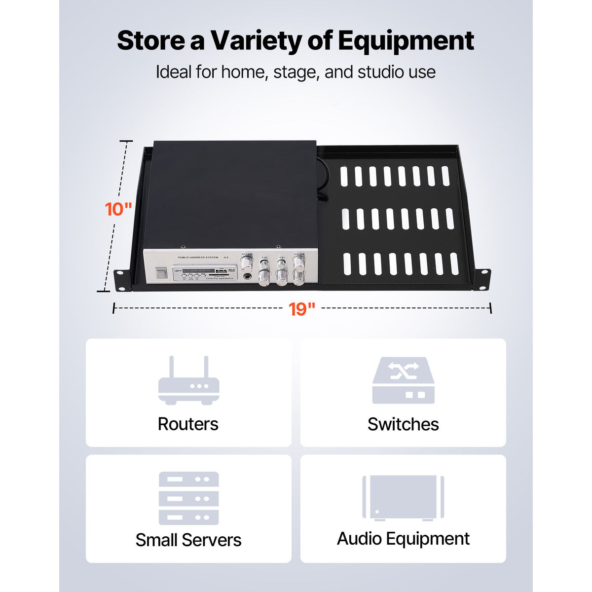 1U Server Rack Shelf, 4 PCS, 22.68 kg Max Load-Bearing Vented Cantilever, Wall Mount or Rack Mount Shelf with Tray, 254 mm Depth, Good Air Circulation for Cabinet Computer Network Equipment