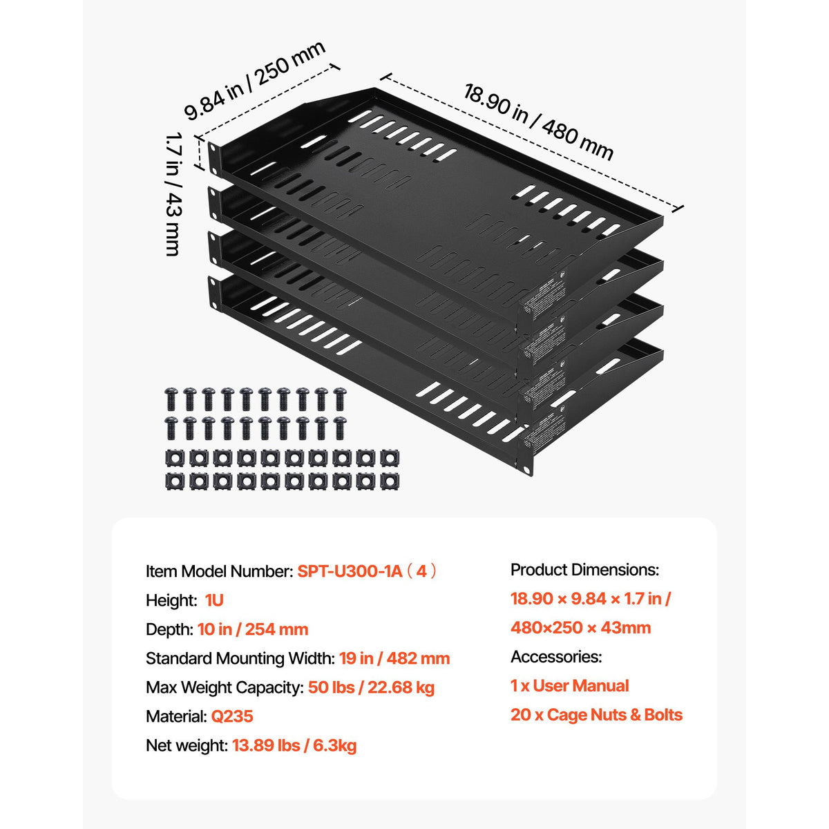 1U Server Rack Shelf, 4 PCS, 22.68 kg Max Load-Bearing Vented Cantilever, Wall Mount or Rack Mount Shelf with Tray, 254 mm Depth, Good Air Circulation for Cabinet Computer Network Equipment