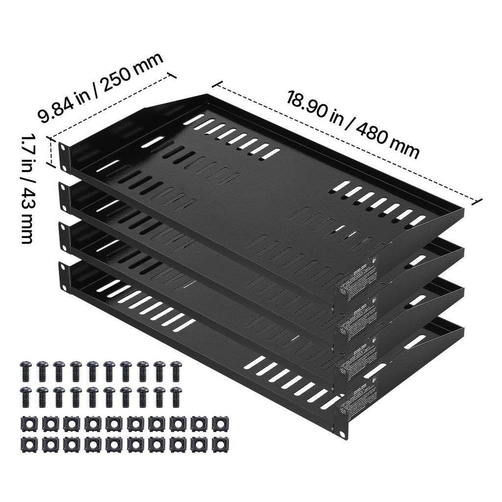 1U Server Rack Shelf, 4 PCS, 22.68 kg Max Load-Bearing Vented Cantilever, Wall Mount or Rack Mount Shelf with Tray, 254 mm Depth, Good Air Circulation for Cabinet Computer Network Equipment