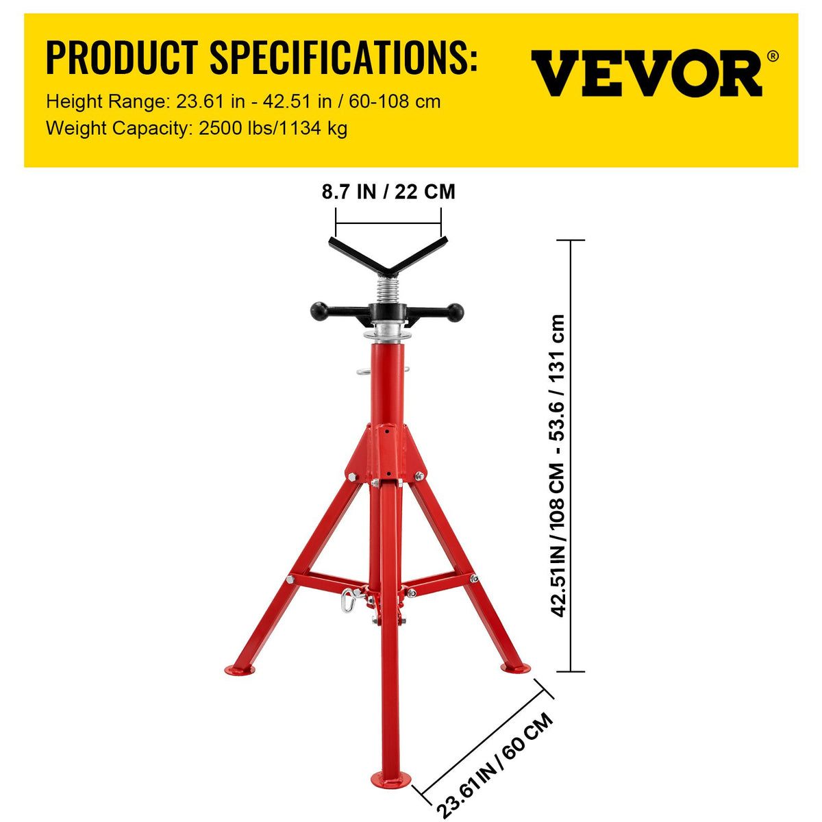 Pipe Jack Stand V-Head Foldable Legs 2500LB Max. Height 52"
