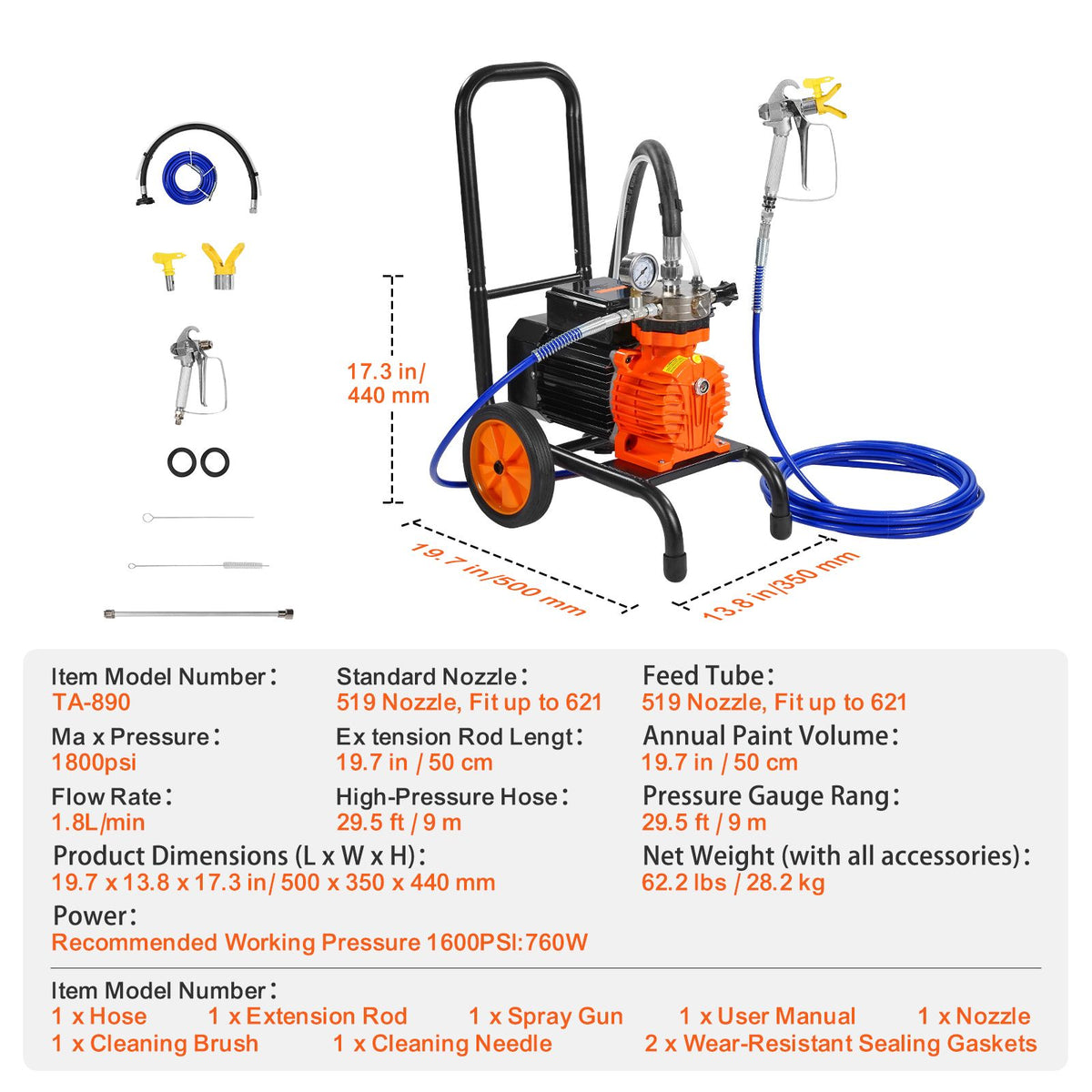 Cart Airless Paint Sprayer Diaphragm Paint Airless Sprayer 900W Electric