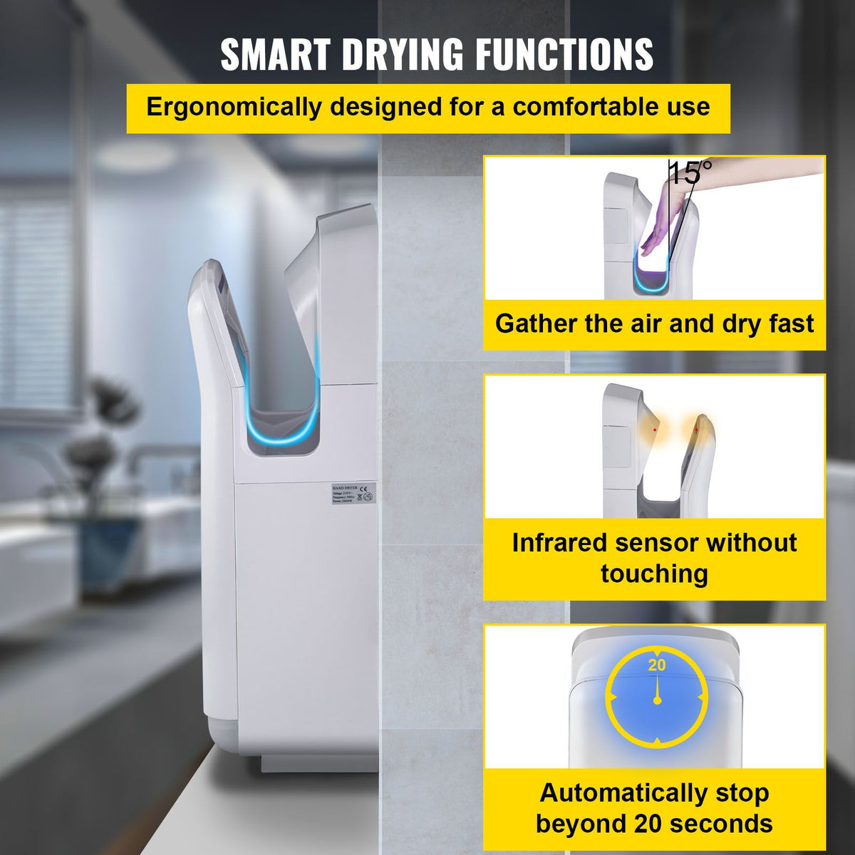 Jet Hand Dryer Blade Hand Dryer Automatic High Speed for Washroom White
