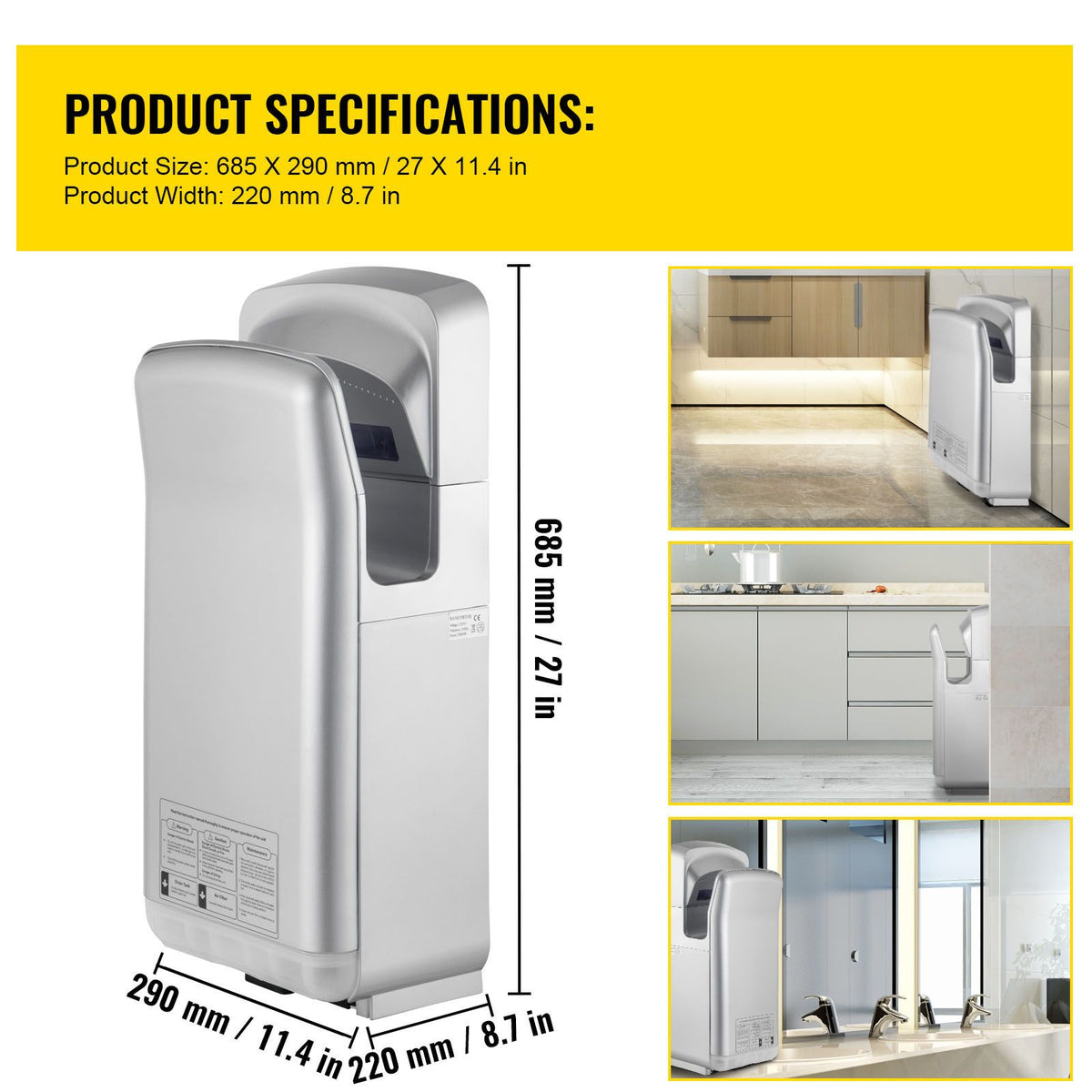 Jet Hand Dryer Blade Hand Dryer Automatic High Speed for Washroom Silver