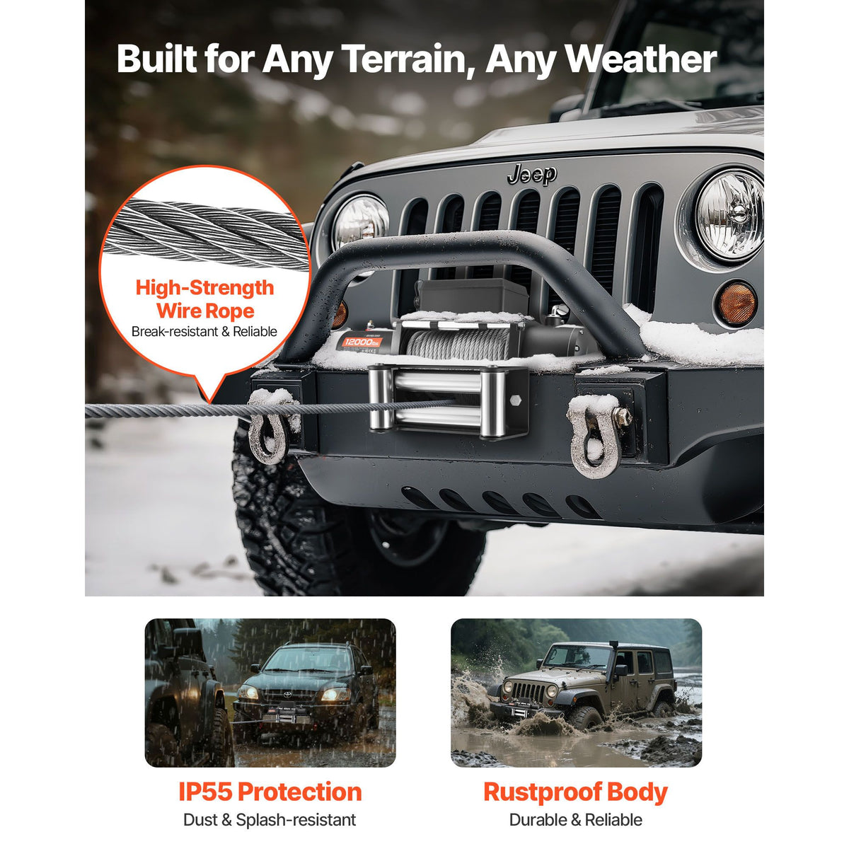 Electric Winch, 5400 kg Load Capacity, 12V DC Truck Winch with Φ9.1 mm x 24 m Steel Rope, Wireless & Wired Remote Control, IP55 Waterproof for Towing SUV Jeep Trailer Boat Off-Road Vehicle