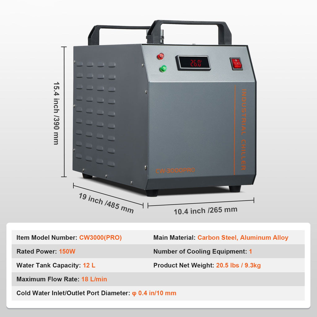 Industrial Water Chiller, CW-3000(PRO), 150W Air-Cooled Industrial Water Cooler Cooling System with 12L Water Tank Capacity 18 L/min Max Flow Rate, for Laser Engraving Machine Cooling Machine
