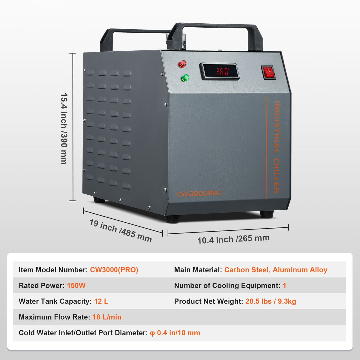 Industrial Water Chiller, CW-3000(PRO), 150W Air-Cooled Industrial Water Cooler Cooling System with 12L Water Tank Capacity 18 L/min Max Flow Rate, for Laser Engraving Machine Cooling Machine