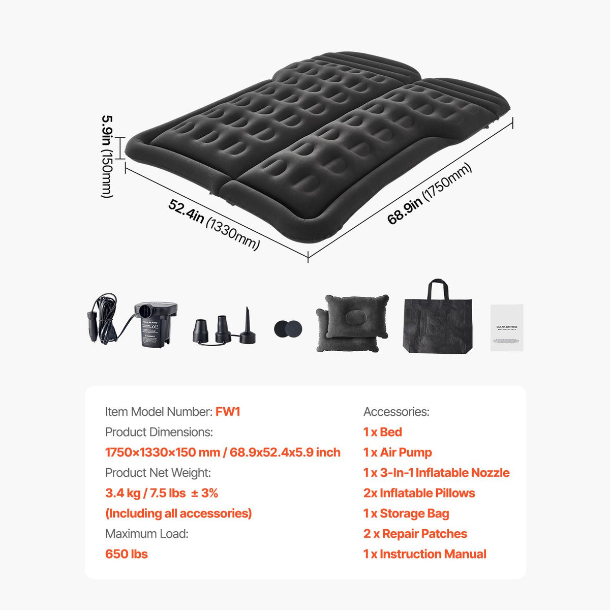 Car Air Mattress Inflatable Car Camping Travel Sleeping Bed SUV MPV Sedan