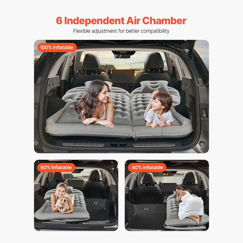 Car Air Mattress, Inflatable Car Camping Mattress, Flocking Thickened Travel Beds, Comfortable and Durable Portable Sleeping Pad with Air Pump, Nozzle, Carry Bag, Fits Most SUV MPV Sedan, Gray