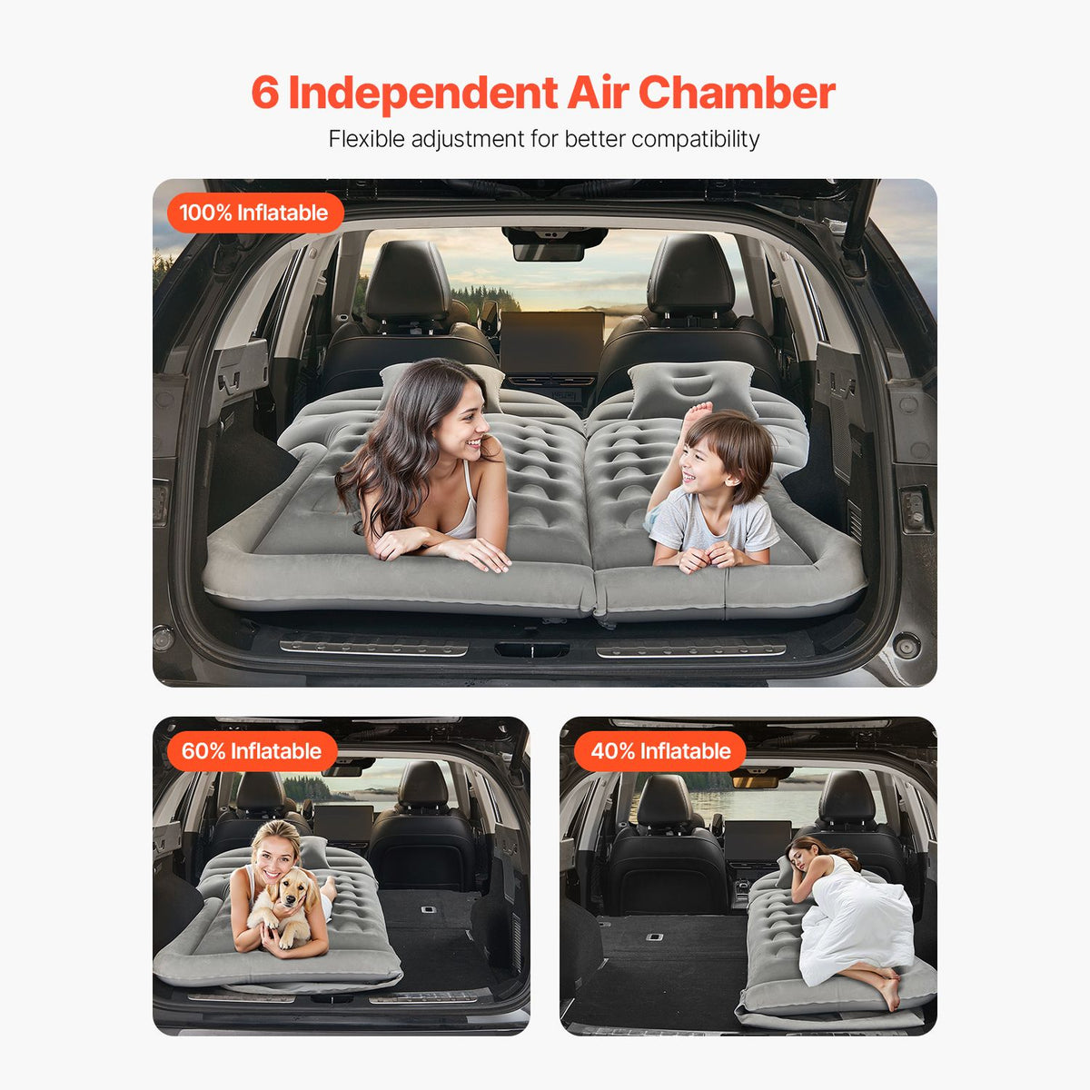 Car Air Mattress, Inflatable Car Camping Mattress, Flocking Thickened Travel Beds, Comfortable and Durable Portable Sleeping Pad with Air Pump, Nozzle, Carry Bag, Fits Most SUV MPV Sedan, Gray