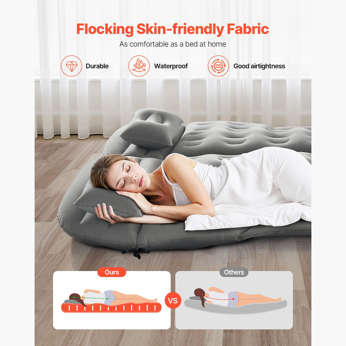 Car Air Mattress, Inflatable Car Camping Mattress, Flocking Thickened Travel Beds, Comfortable and Durable Portable Sleeping Pad with Air Pump, Nozzle, Carry Bag, Fits Most SUV MPV Sedan, Gray