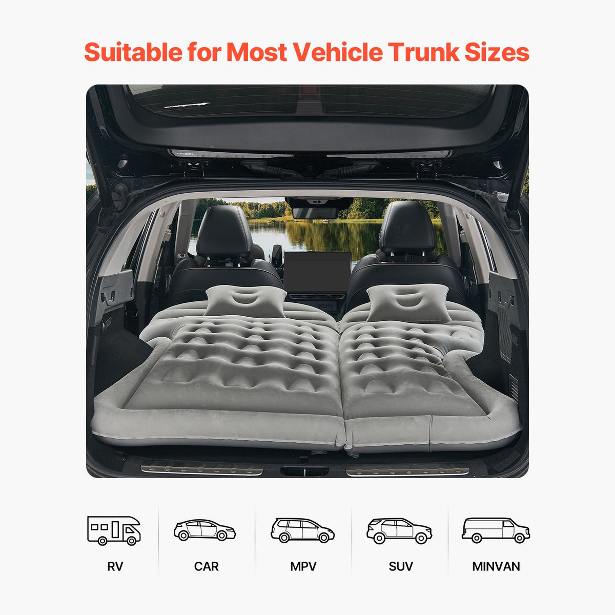 Car Air Mattress, Inflatable Car Camping Mattress, Flocking Thickened Travel Beds, Comfortable and Durable Portable Sleeping Pad with Air Pump, Nozzle, Carry Bag, Fits Most SUV MPV Sedan, Gray