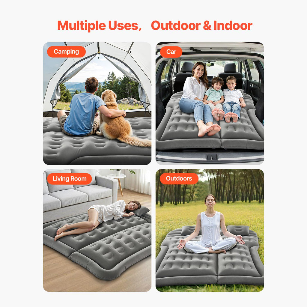 Car Air Mattress, Inflatable Car Camping Mattress, Flocking Thickened Travel Beds, Comfortable and Durable Portable Sleeping Pad with Air Pump, Nozzle, Carry Bag, Fits Most SUV MPV Sedan, Gray
