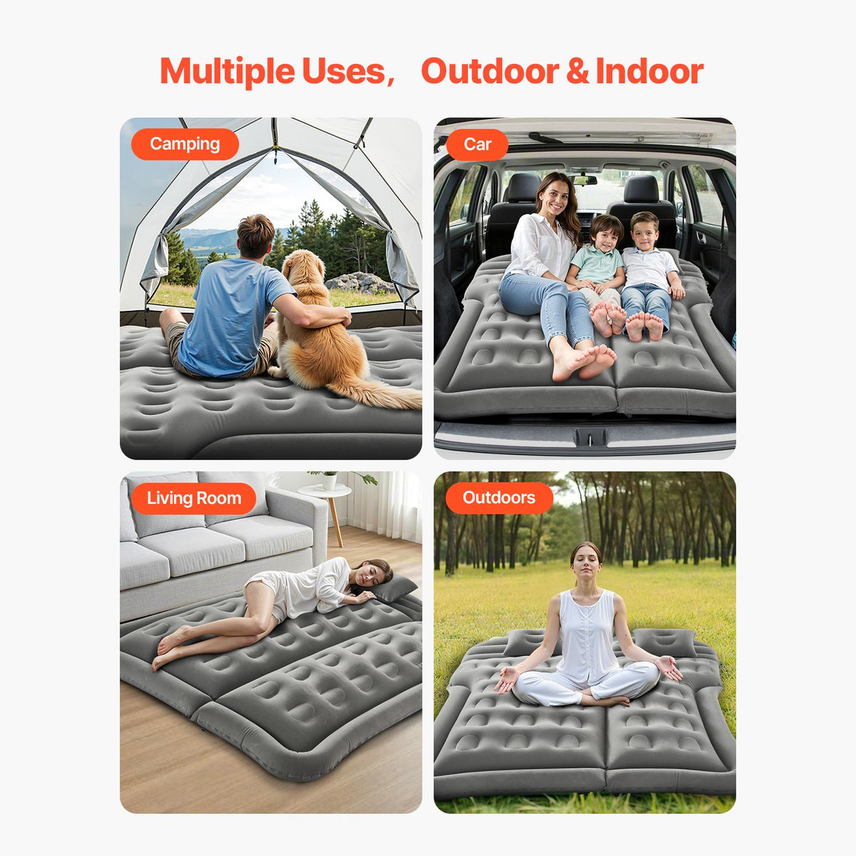Car Air Mattress, Inflatable Car Camping Mattress, Flocking Thickened Travel Beds, Comfortable and Durable Portable Sleeping Pad with Air Pump, Nozzle, Carry Bag, Fits Most SUV MPV Sedan, Gray