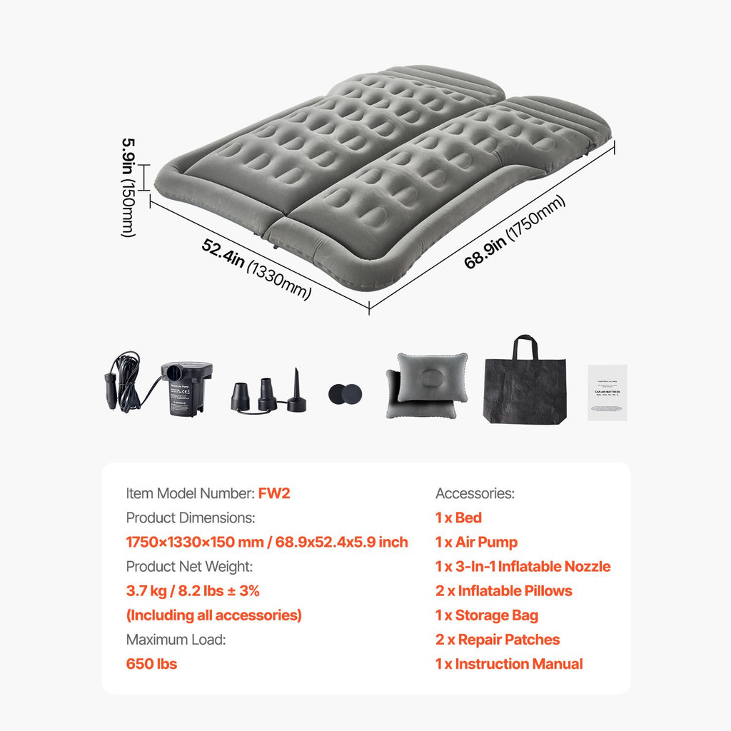 Car Air Mattress, Inflatable Car Camping Mattress, Flocking Thickened Travel Beds, Comfortable and Durable Portable Sleeping Pad with Air Pump, Nozzle, Carry Bag, Fits Most SUV MPV Sedan, Gray