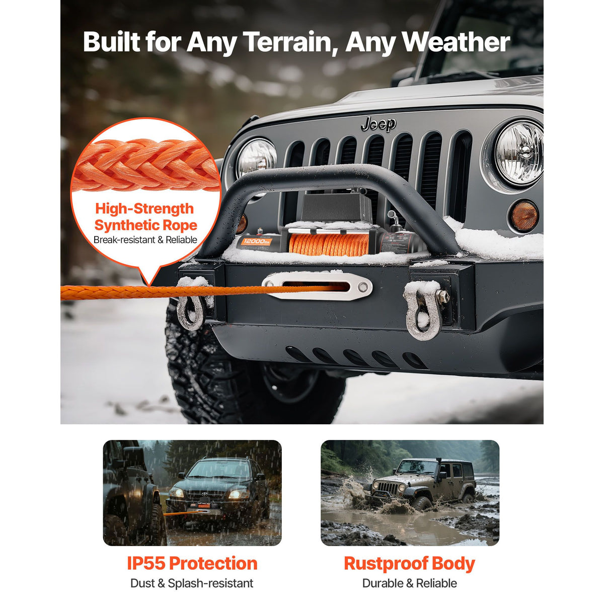 Electric Winch, 5400 kg Load Capacity, 12V DC Truck Winch with Φ9.1 mm x 23 m Synthetic Rope, Wireless & Wired Remote Control, IP55 Waterproof for Towing Off-Road SUV Jeep Trailer Boat