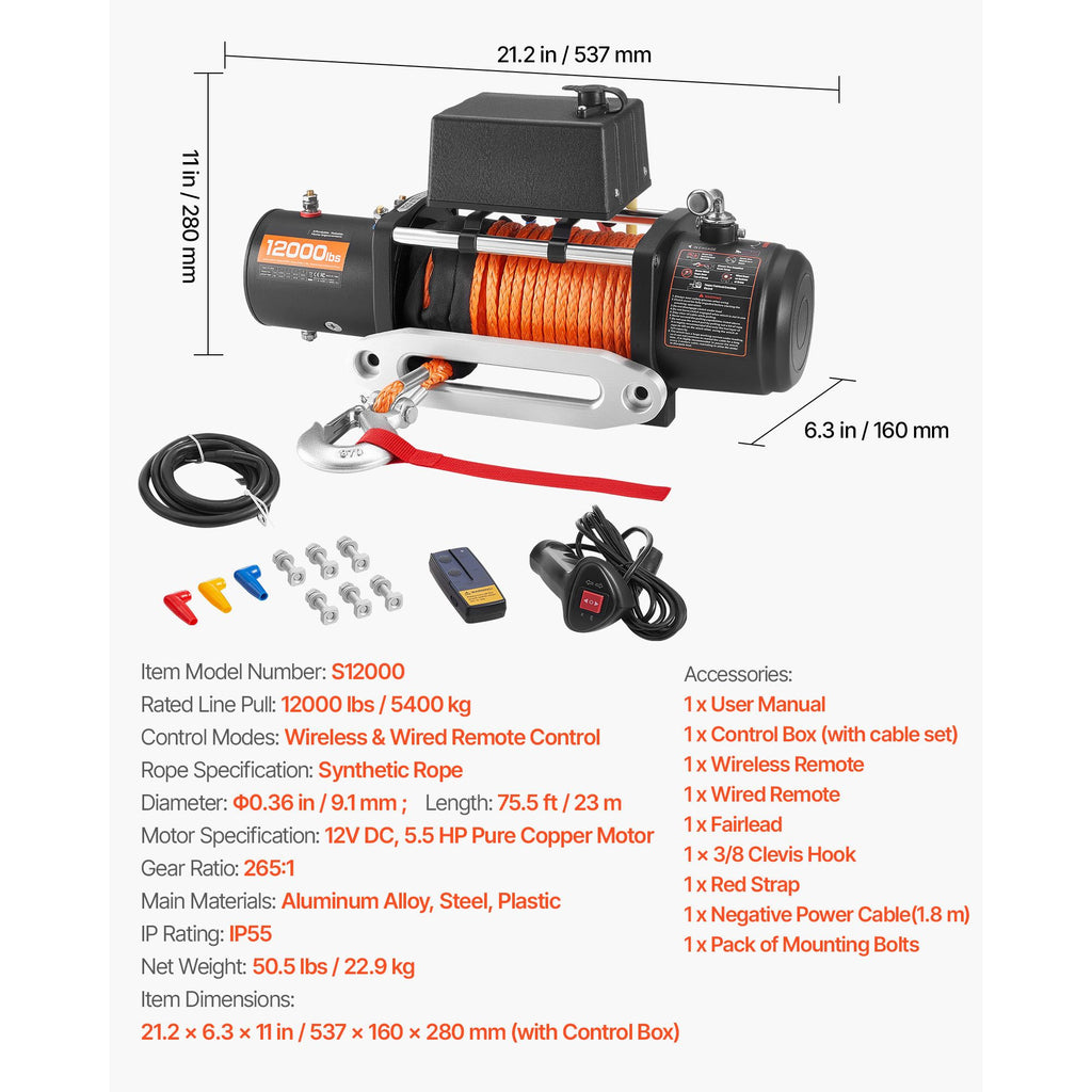 Electric Winch, 5400 kg Load Capacity, 12V DC Truck Winch with Φ9.1 mm x 23 m Synthetic Rope, Wireless & Wired Remote Control, IP55 Waterproof for Towing Off-Road SUV Jeep Trailer Boat