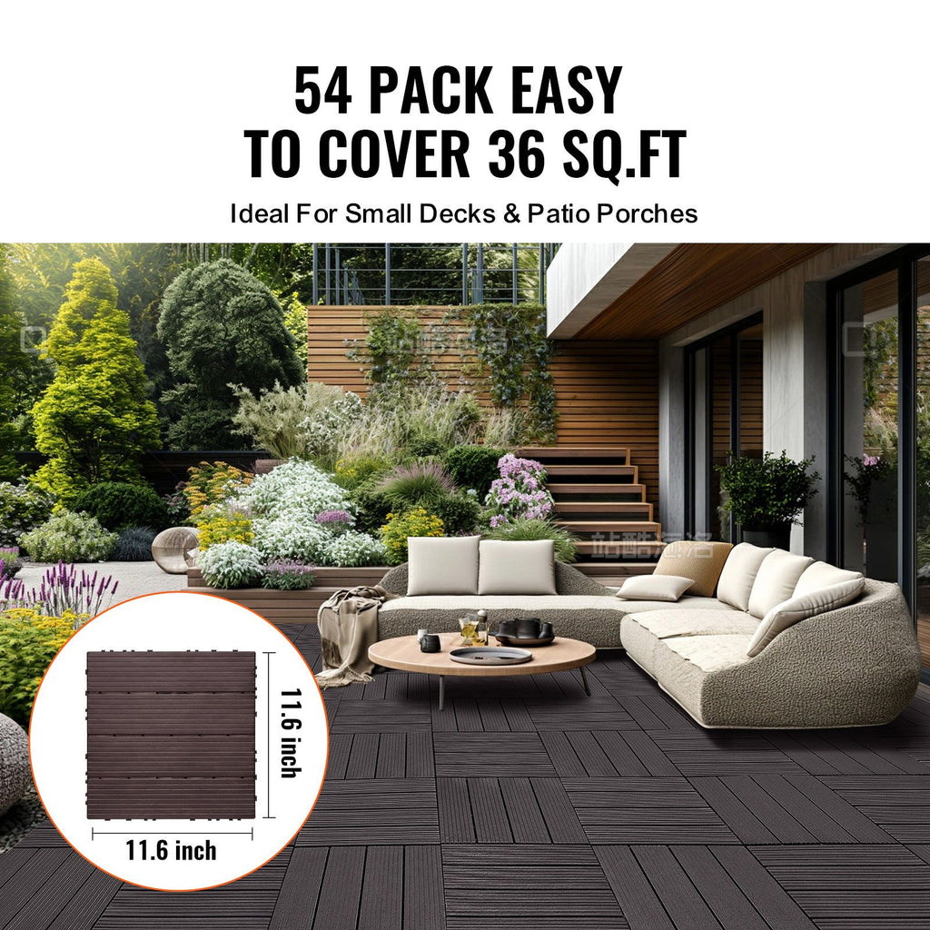 Interlocking Deck Tiles 54 Pack 12"x12" Waterproof for Porch Dark Brown